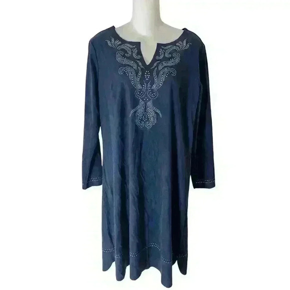 NWOT Soft Surroundings Faux Suede Shift Midi Dress Sz Medium Tall Navy Studded - Picture 1 of 7